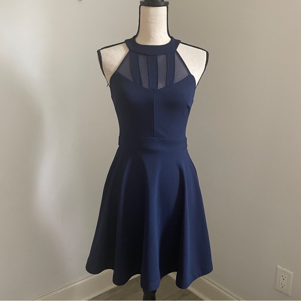 Navy Blue Skater Dress Size 1/2 Mesh Halter Fit & Flare Dark Academia preppy